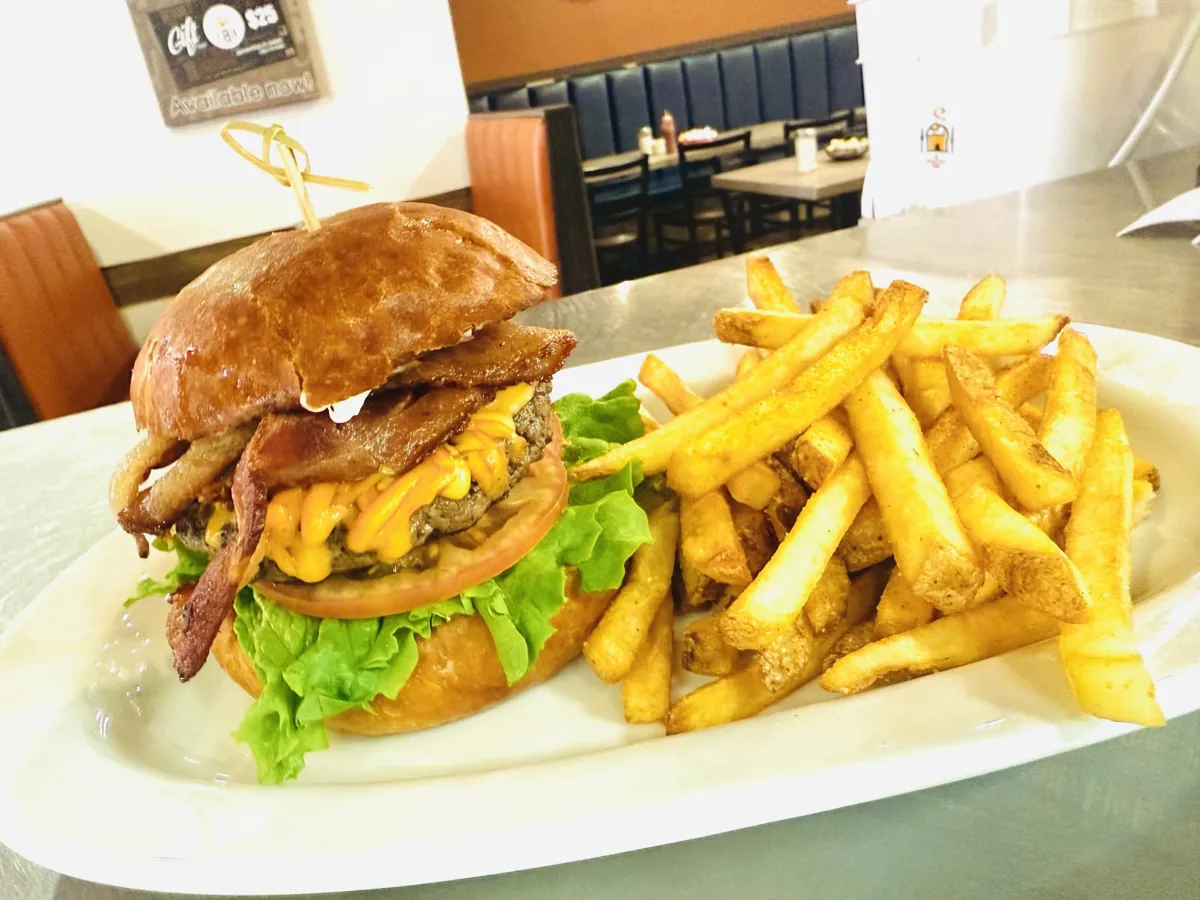House bacon cheese burger with fries