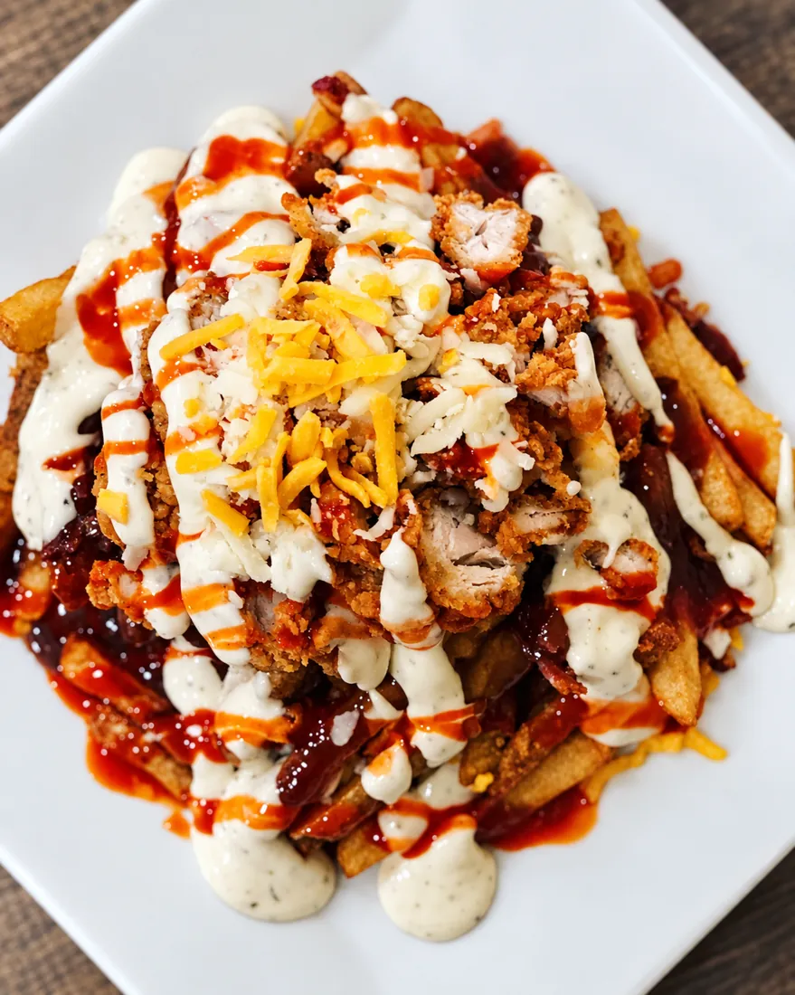 Buffalo hash with fries, cheddar, hot sauce and ranch
