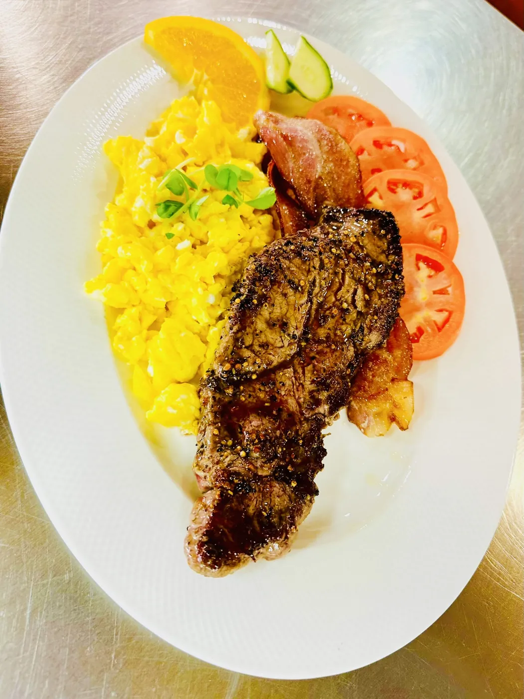 Hungryman: New York striploin with eggs, bacon and sliced tomatoes