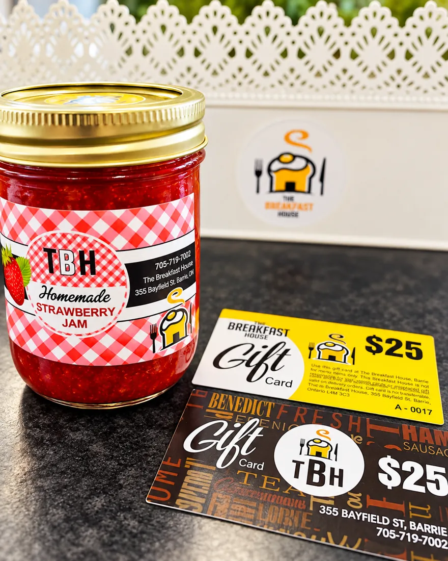 Jar of homemade strawberry jam with Breakfast House gift cards