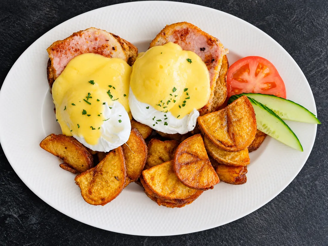TBH Benny on peameal bacon with hollandaise and homefries