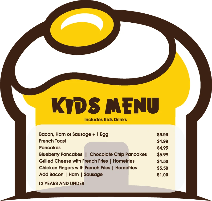 The Breakfast House kids menu card, 12 years and under, includes kids drinks